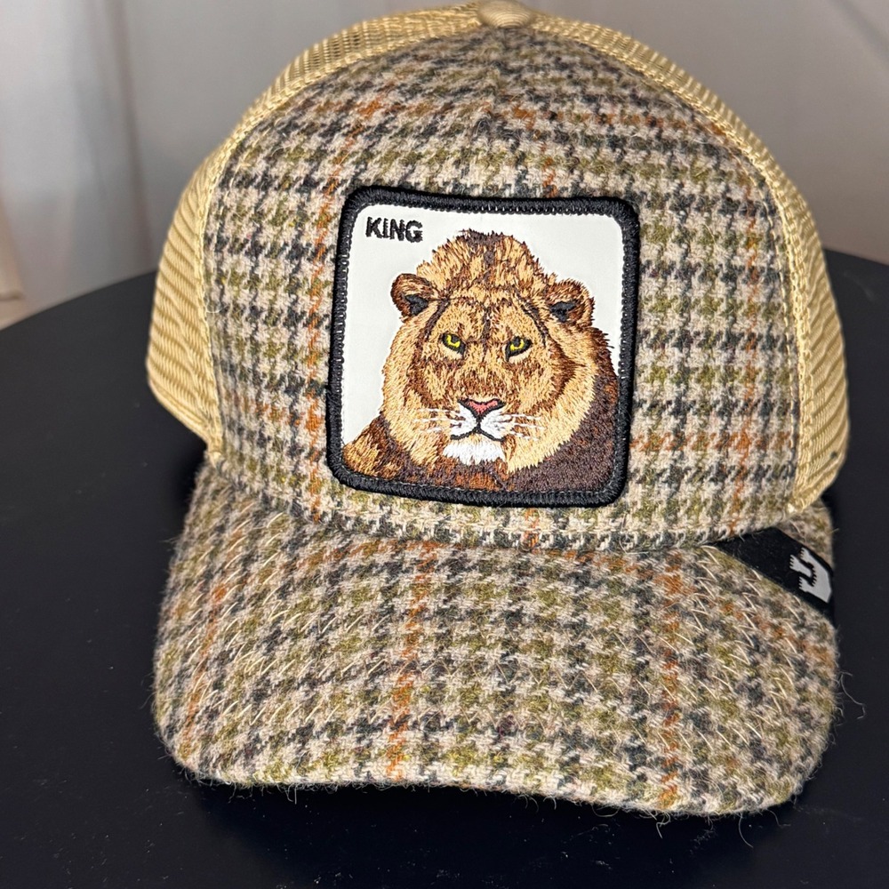 New Goorin Bros. The Farm‎ King Tan Plaid Lion Trucker Hat Wool Blend Adjustable